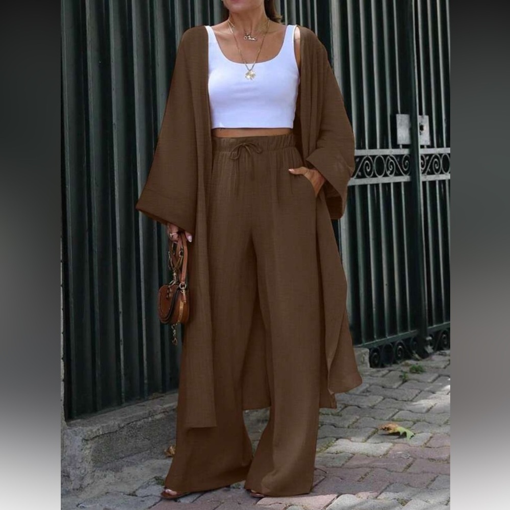 Elegant Brown Women's Pants & Kimono Set